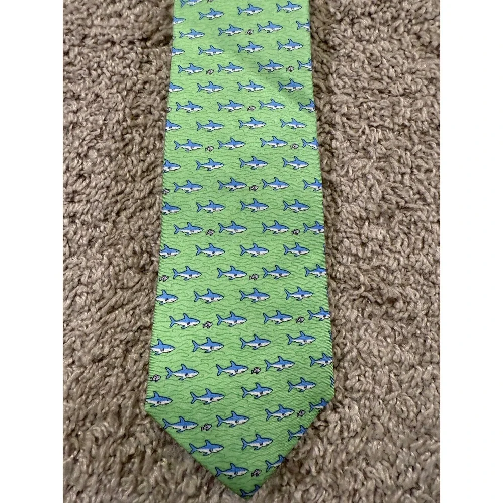 Tommy Hilfiger Necktie Green Shark Print Novelty‎ Nautical Preppy Coastal NWT
